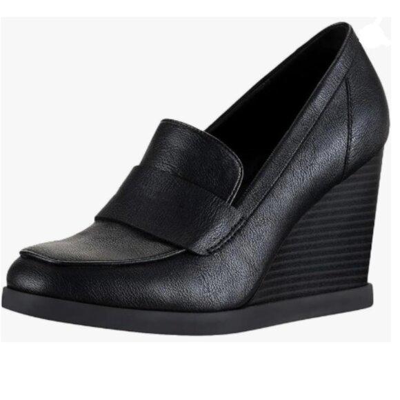 YDN Black Dressy Pump Square Closed Toe Slip On Loafers Wedges High Heeled Shoes - Picture 1 of 8